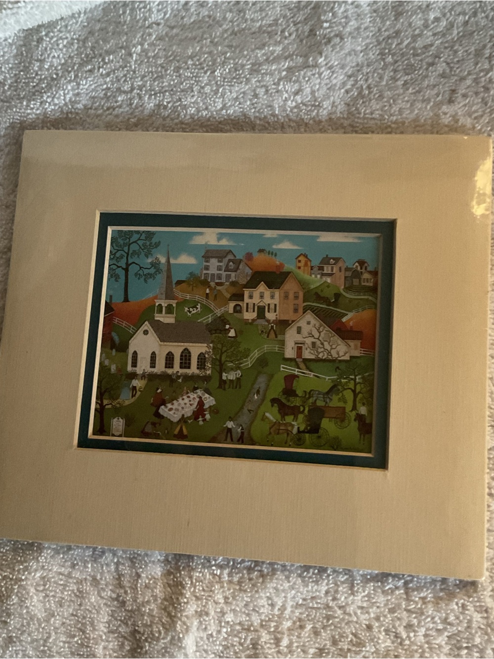 Framed Folk Art Country Village Print in Cream Mat